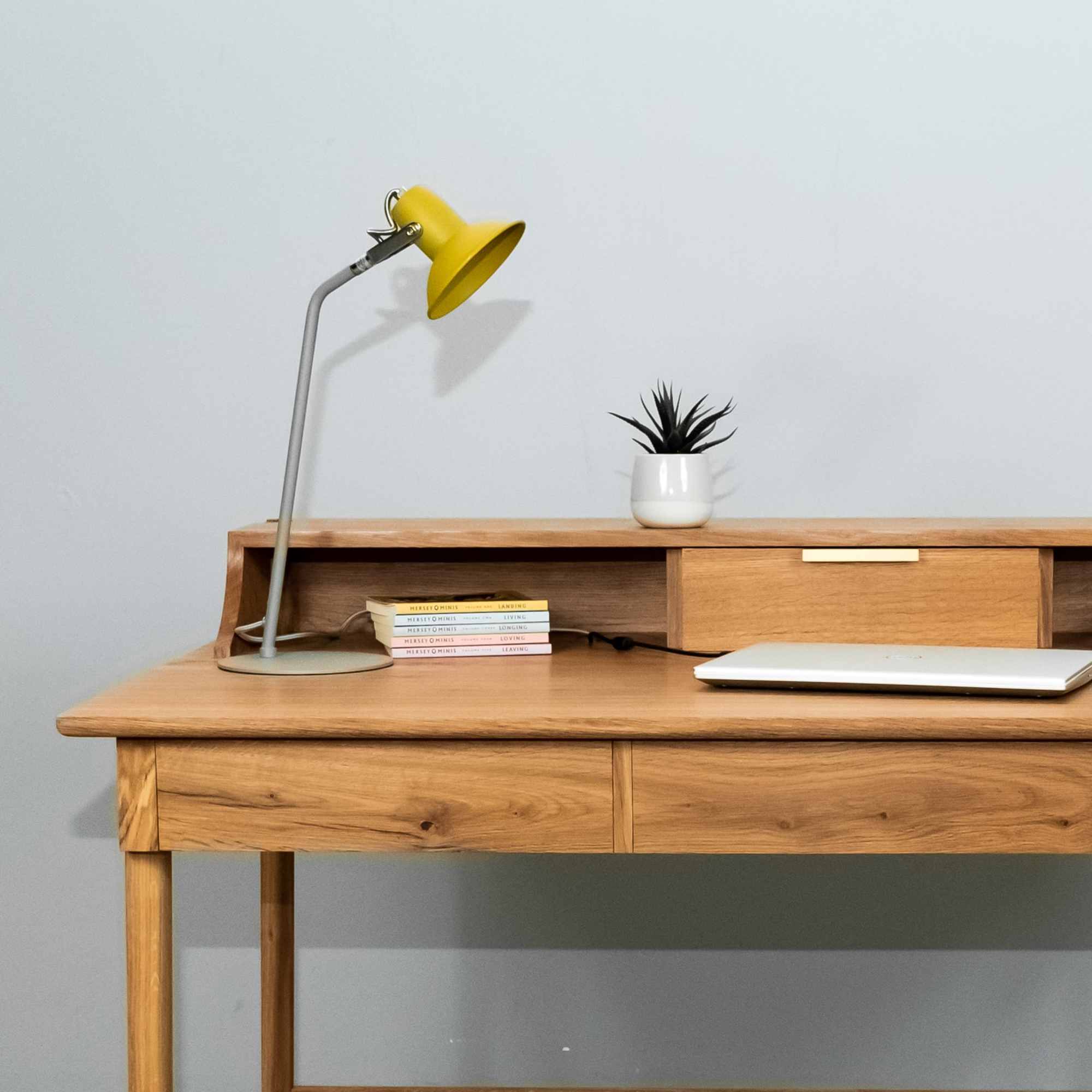 wooden oak desk with lamp and laptop